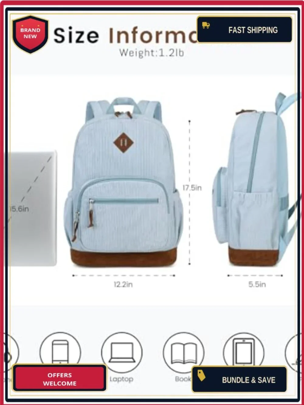 Corduroy Teen Student Backpack 24L Fits 15.6in Laptop, DIY Blank